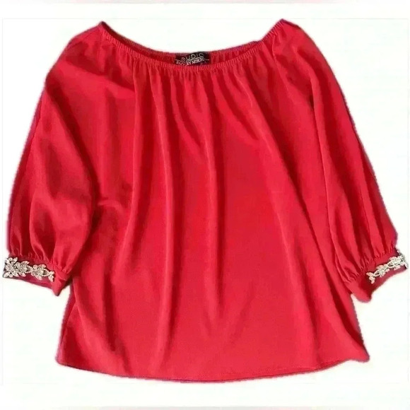 Studio Badgley Mischka Red Embellished Cuffs Blouse (Z15) - Picture 1 of 9